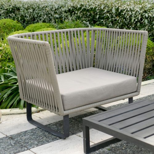 Patio lounge chair with gray seat cushion